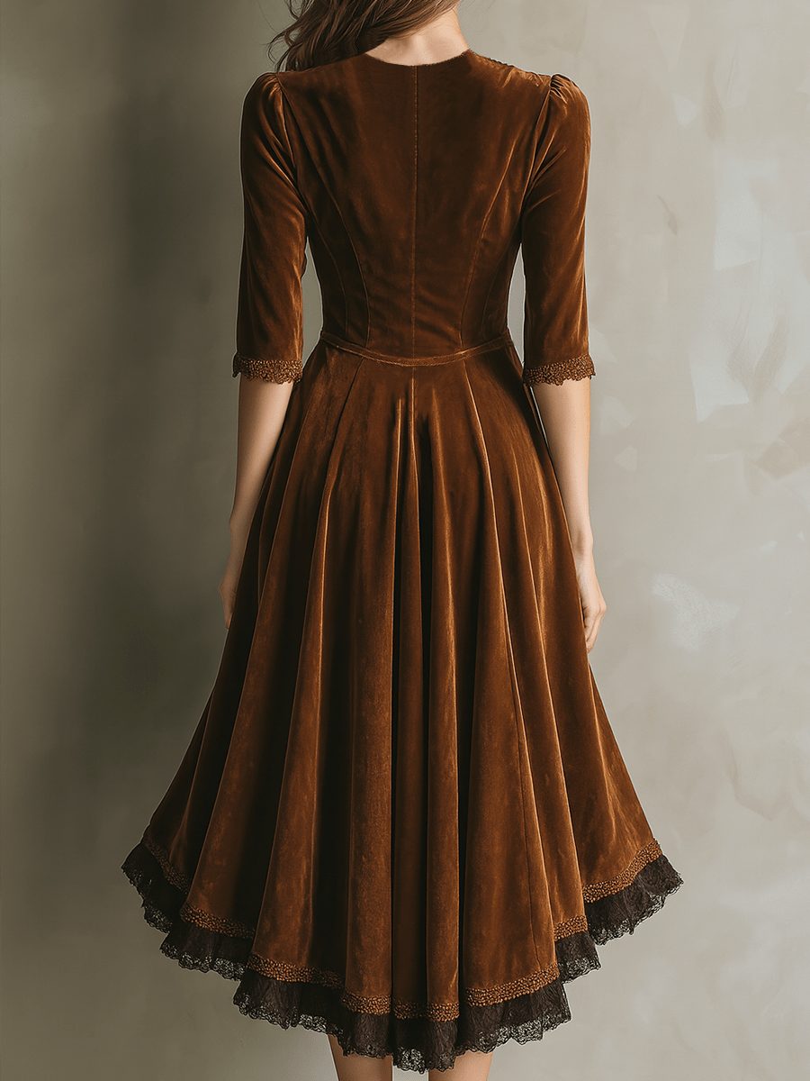 Vestido Midi Vintage de Terciopelo con Manga ¾ y Ribete de Encaje