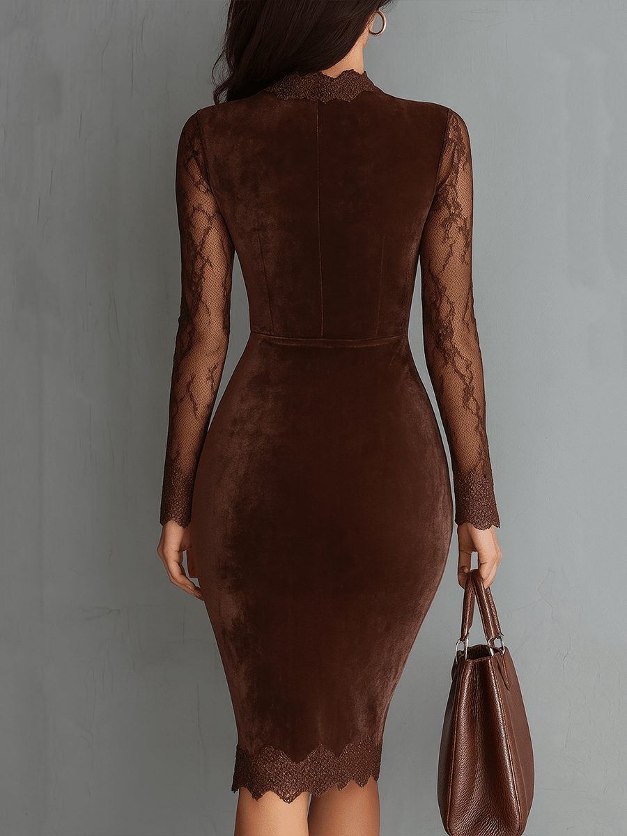 Vestido Mini Vintage de Terciopelo con Escote Ojo de Cerradura y Manga de Encaje