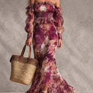 Vestido Maxi Chifón Floral Rosa con Hombros Descubiertos