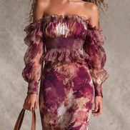 Vestido Maxi Chifón Floral Rosa con Hombros Descubiertos