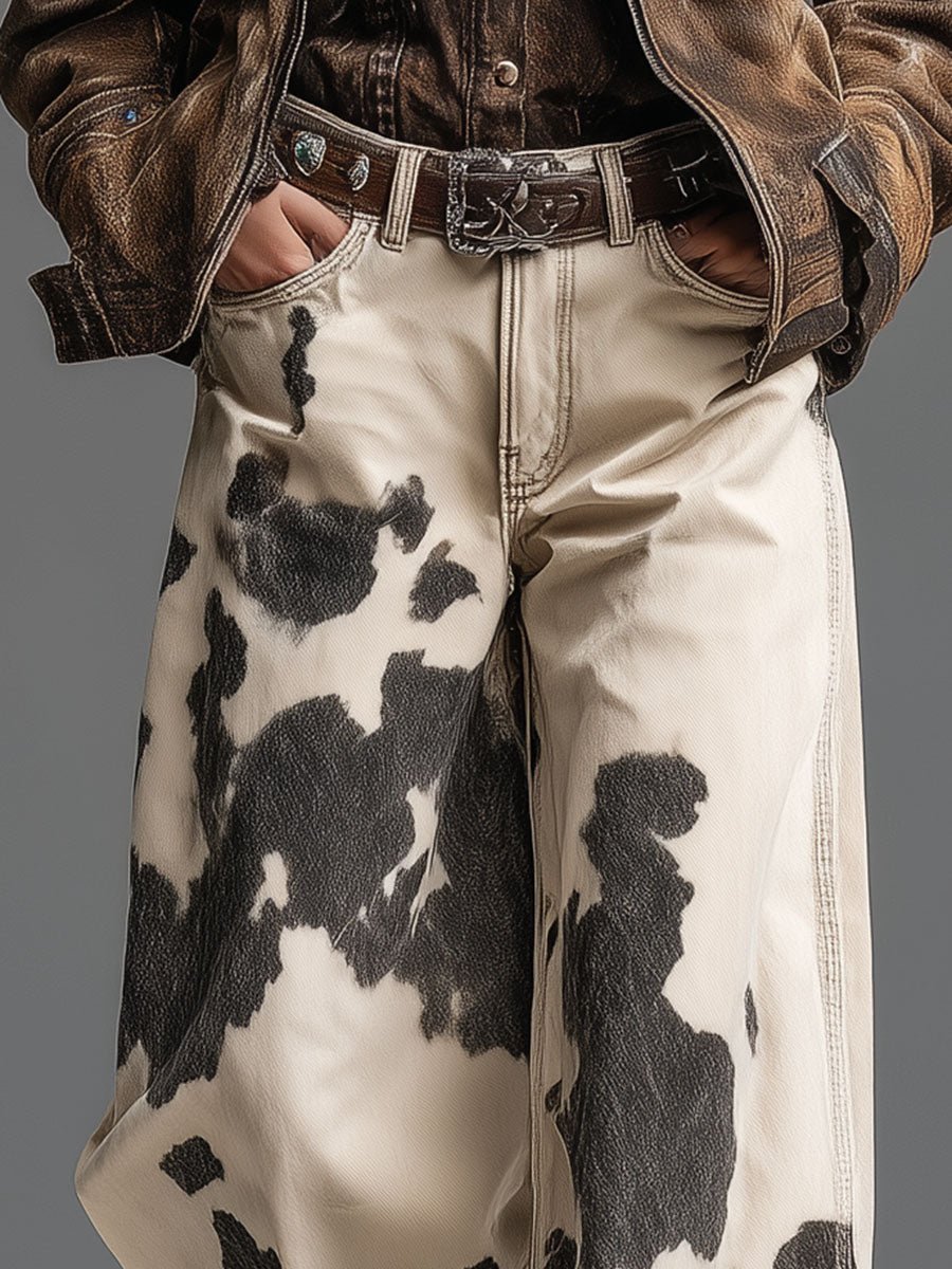 Pantalón Ancho Retro Western con Estampado de Vaca