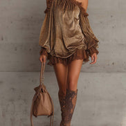 Vestido Mini de Terciopelo Marrón con Lunares Plateados