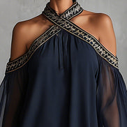 Vestido Mini con Hombros Descubiertos y Manga Larga de Chifón