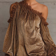 Vestido Mini de Terciopelo Marrón con Lunares Plateados