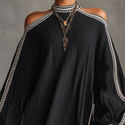 Vestido Mini Negro Boho con Manga Farol