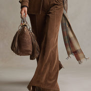 Pantalón Acampanado Retro de Ante Marrón con Flecos