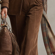 Pantalón Acampanado Retro de Ante Marrón con Flecos