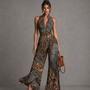 Mono de gasa de corte ancho con pliegues, sin mangas, cremallera y estampado étnico bohemio