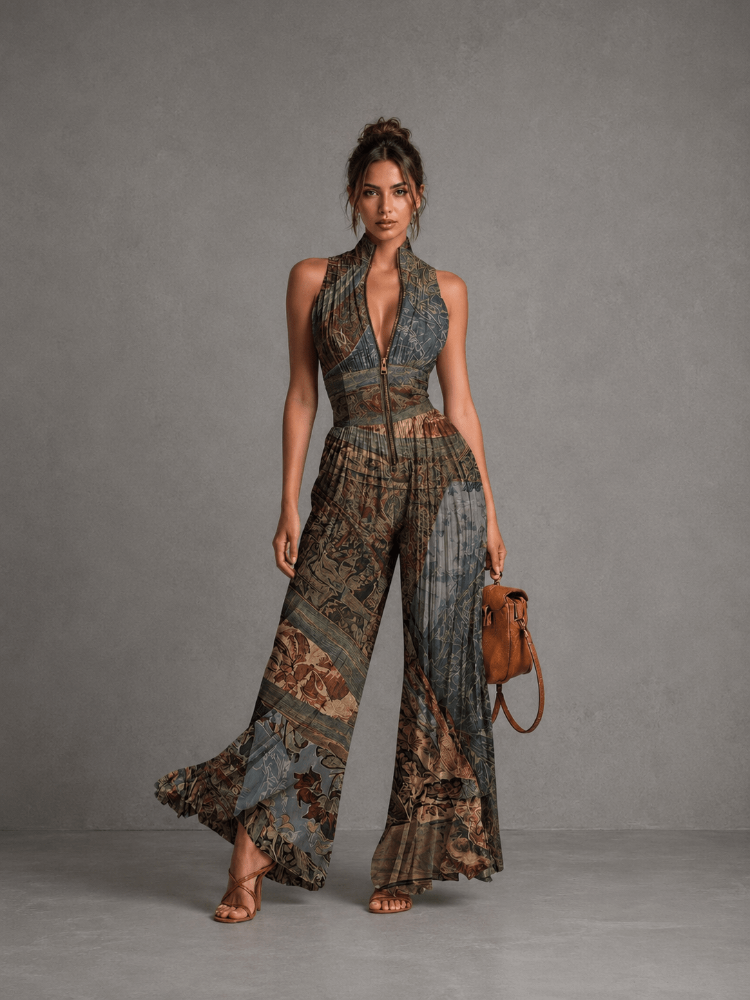 Mono de gasa de corte ancho con pliegues, sin mangas, cremallera y estampado étnico bohemio