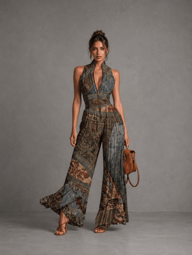 Mono de gasa de corte ancho con pliegues, sin mangas, cremallera y estampado étnico bohemio