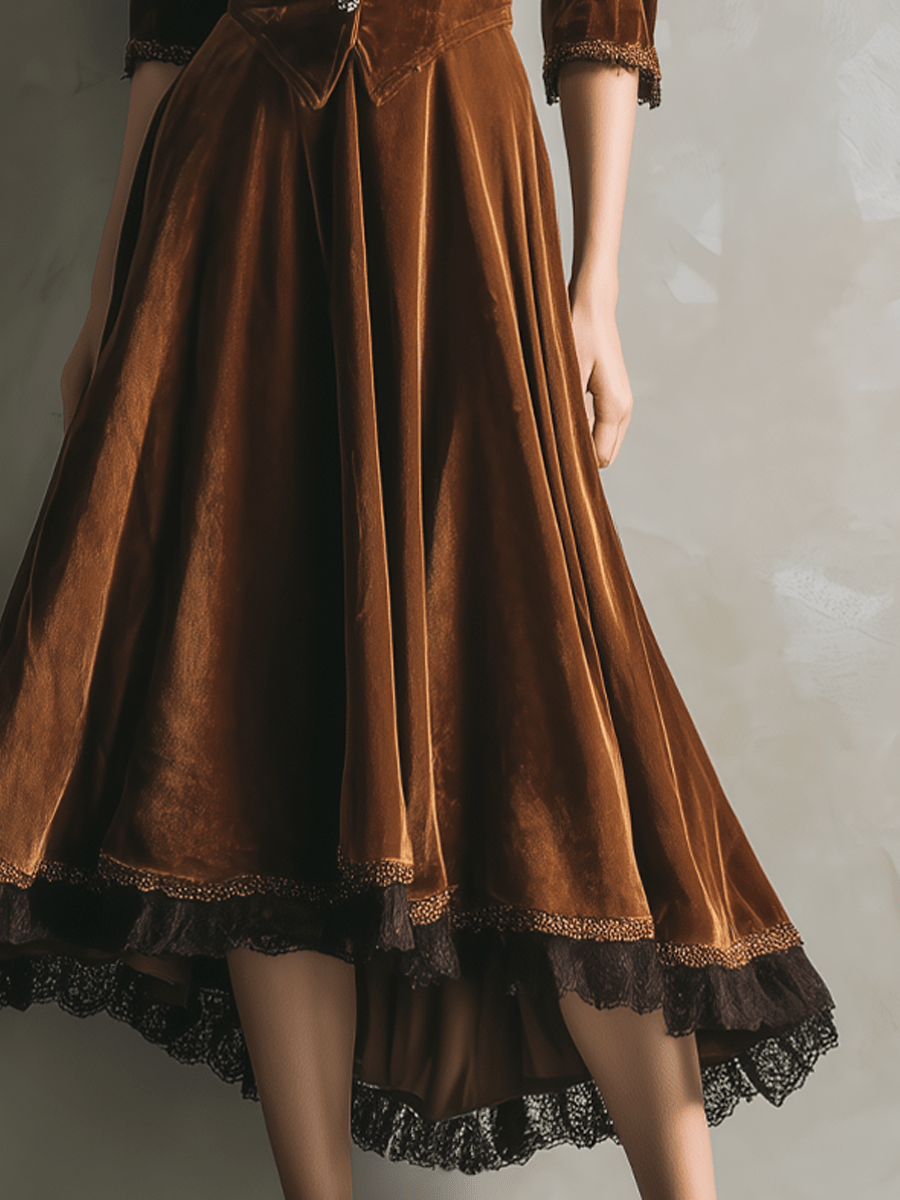 Vestido Midi Vintage de Terciopelo con Manga ¾ y Ribete de Encaje