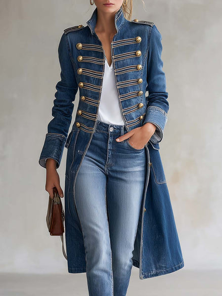 Abrigo vaquero largo entallado estilo militar con botones dorados para mujer
