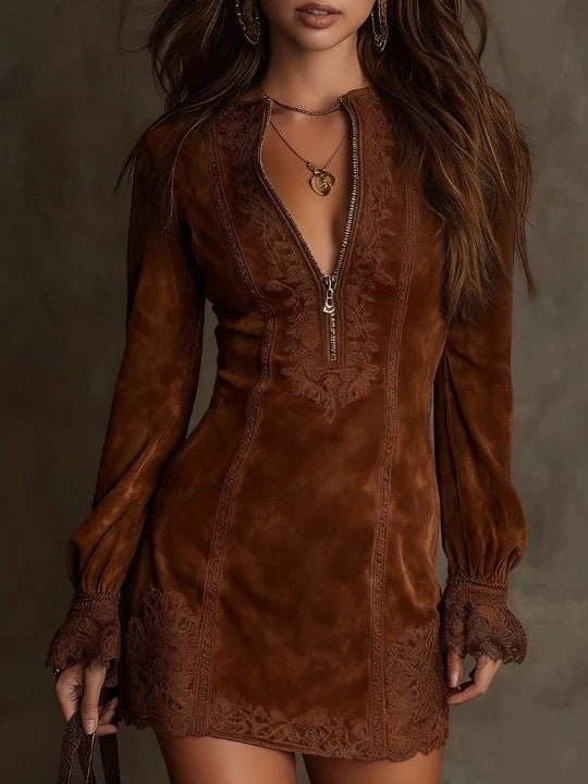 Vestido Mini Vintage con Ribete de Encaje
