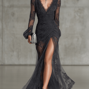 Vestido Maxi Negro de Encaje con Manga Larga y Abertura