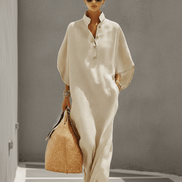 Vestido Maxi de Lino con Cuello Mao