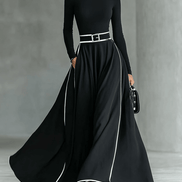 Vestido Maxi Negro con Cuello Alto Manga Larga y Cinturón
