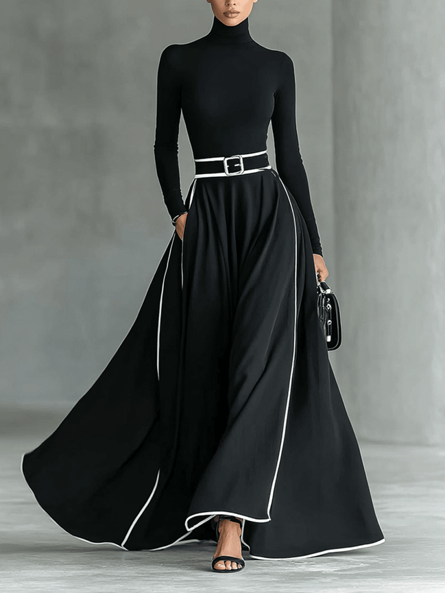 Vestido Maxi Negro con Cuello Alto Manga Larga y Cinturón
