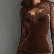 Vestido Mini Vintage de Terciopelo con Escote Ojo de Cerradura y Manga de Encaje