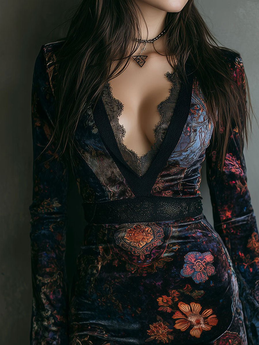 Vestido Mini de Terciopelo Boho con Estampado Floral Escote en V y Ribete de Encaje