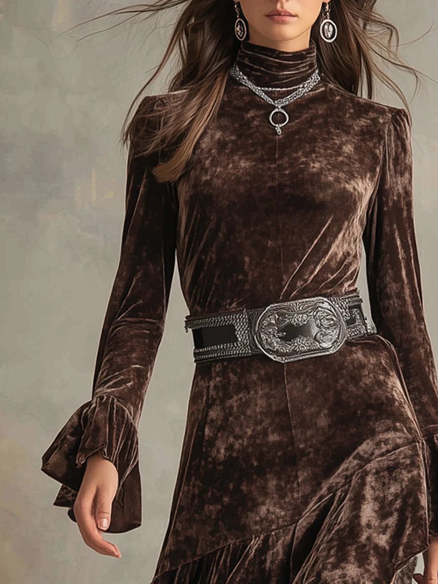 Vestido Midi de Terciopelo con Cuello Alto y Manga Campana