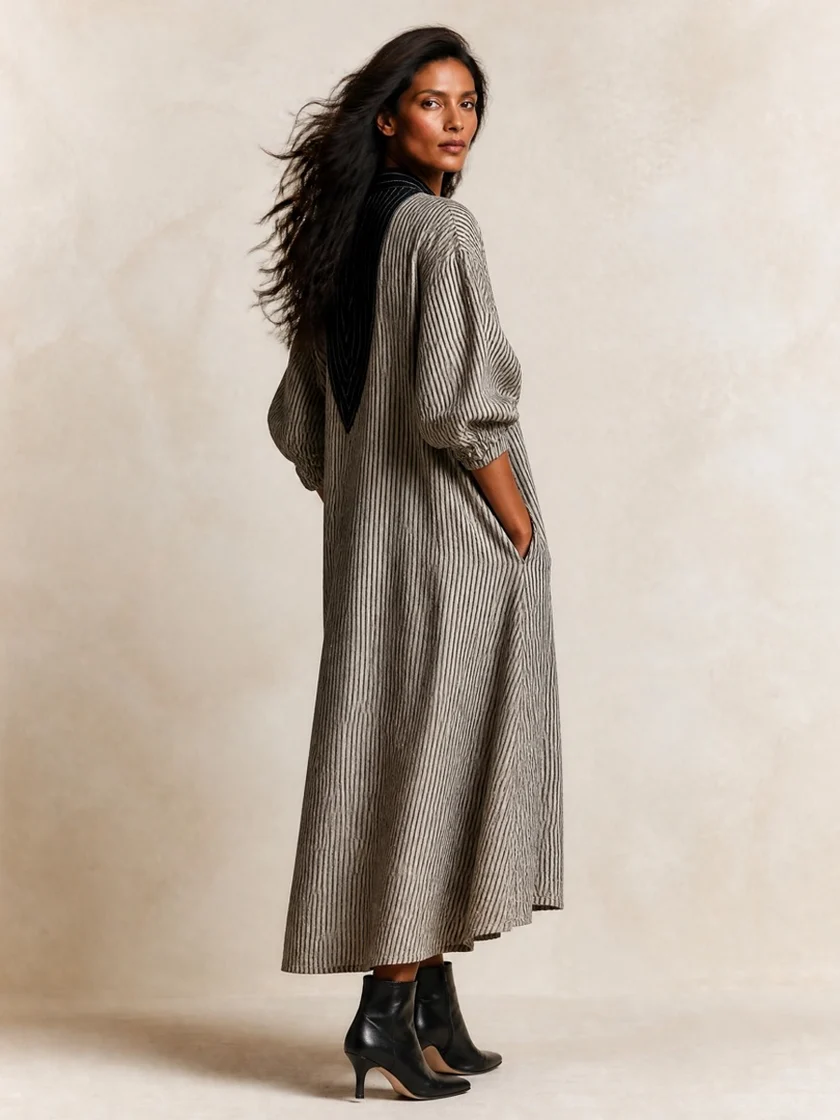 Vestido Maxi Holgado a Rayas con Cuello Contraste en Negro