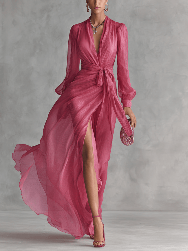 Vestido Maxi de Chifón Perla con Escote en V Elegante
