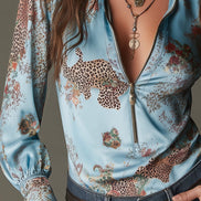 Blusa de Satén con Estampado Leopardo y Cremallera Delantera