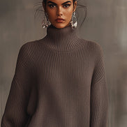 Vestido de Punto Marrón con Cuello Alto y Bajo con Volantes