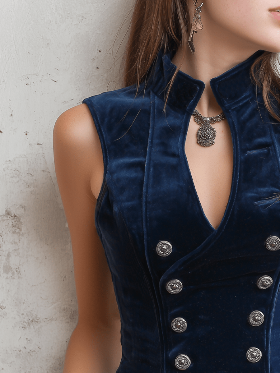 Chaleco de Terciopelo Vintage con Cuello Mao y Botones
