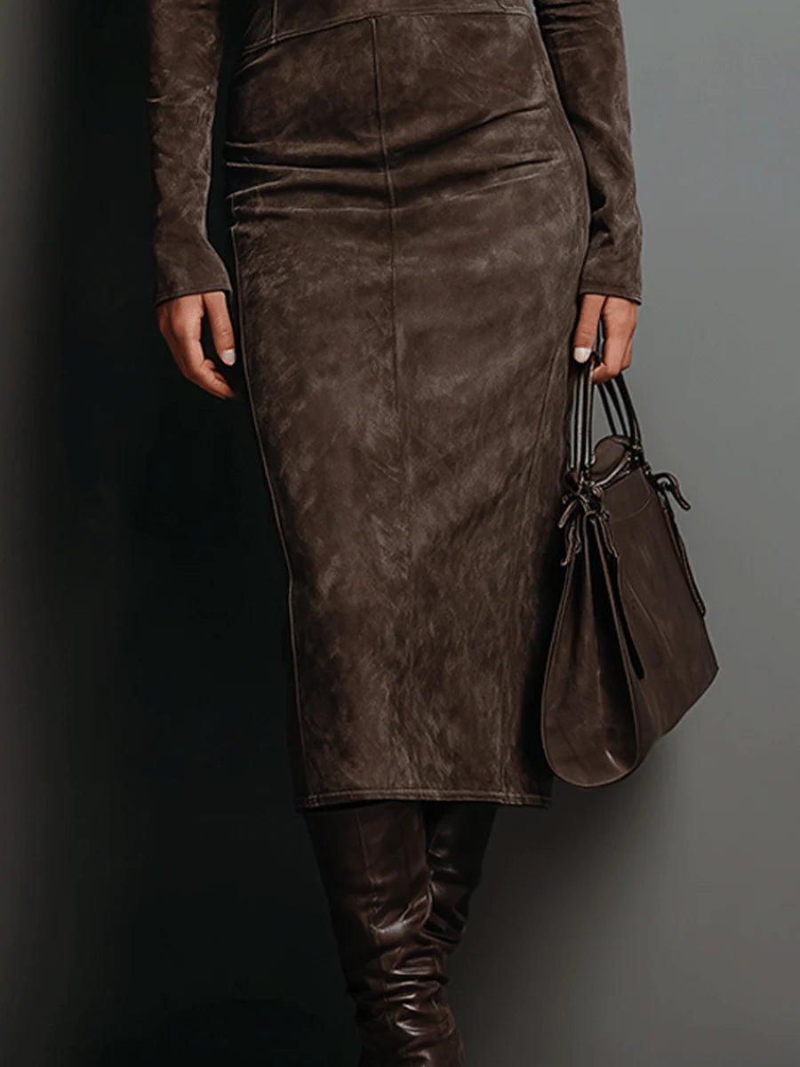 Vestido Midi de Ante con Cuello Alto y Manga Larga
