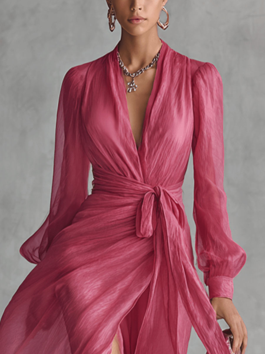 Vestido Maxi de Chifón Perla con Escote en V Elegante