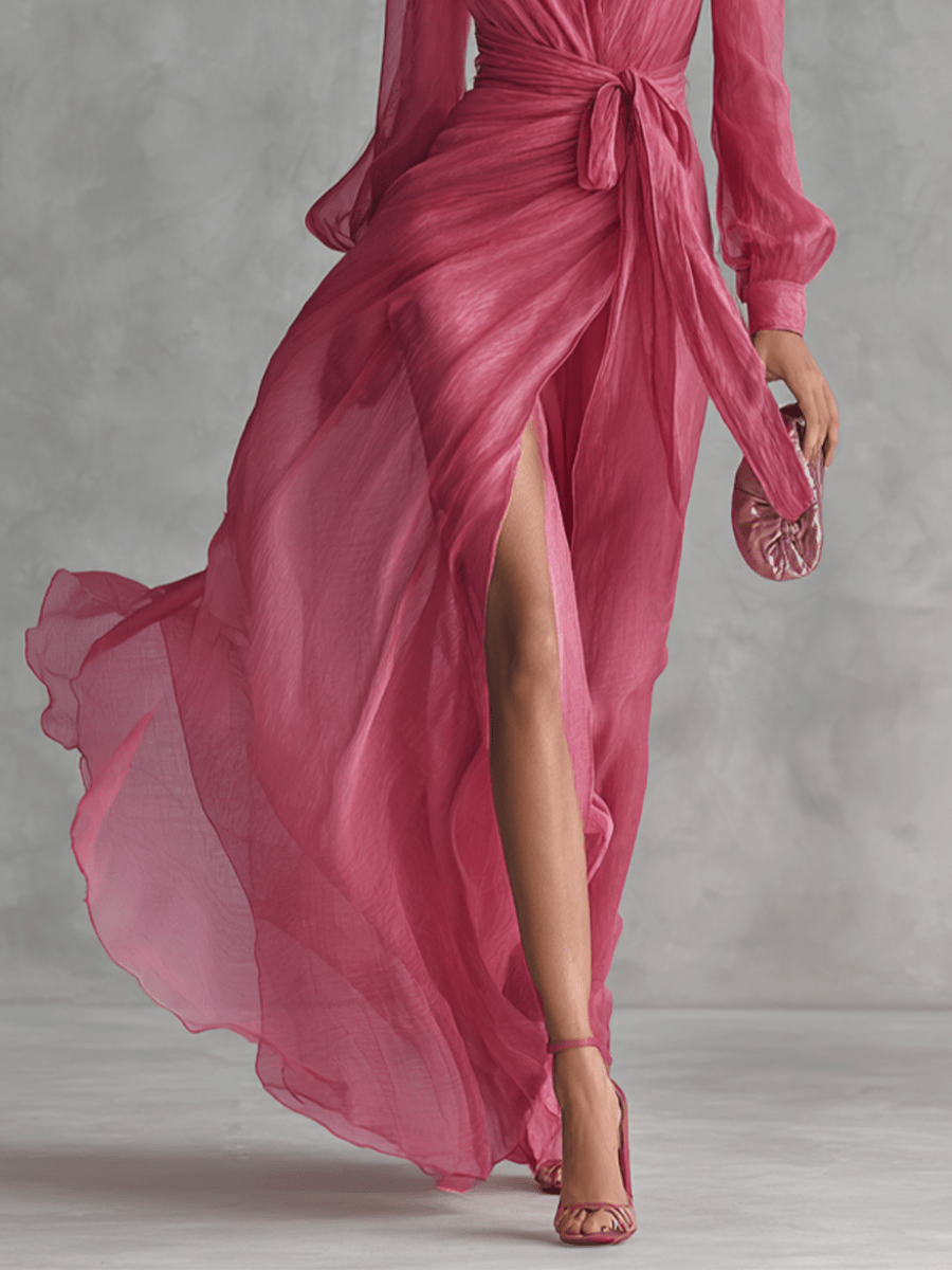 Vestido Maxi de Chifón Perla con Escote en V Elegante