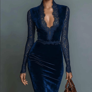 Vestido Midi de Terciopelo Elegante con Escote en V y Encaje
