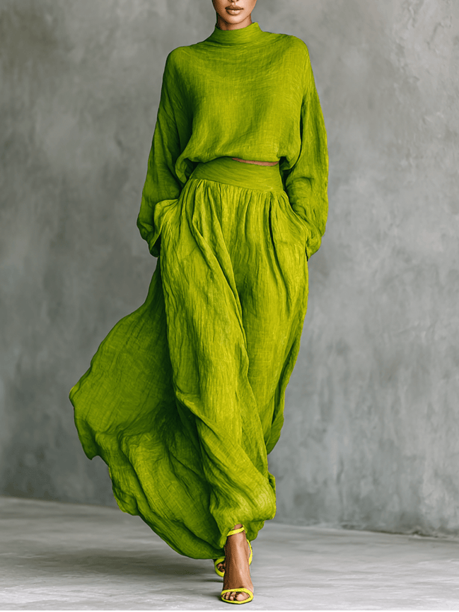 Conjunto Top Verde con Cuello Alto y Falda Maxi