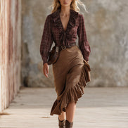 Falda Western Vintage de Pana Marrón con Volantes en Sesgo