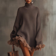 Vestido de Punto Marrón con Cuello Alto y Bajo con Volantes