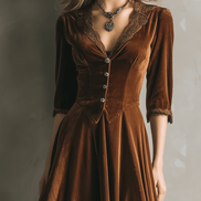 Vestido Midi Vintage de Terciopelo con Manga ¾ y Ribete de Encaje