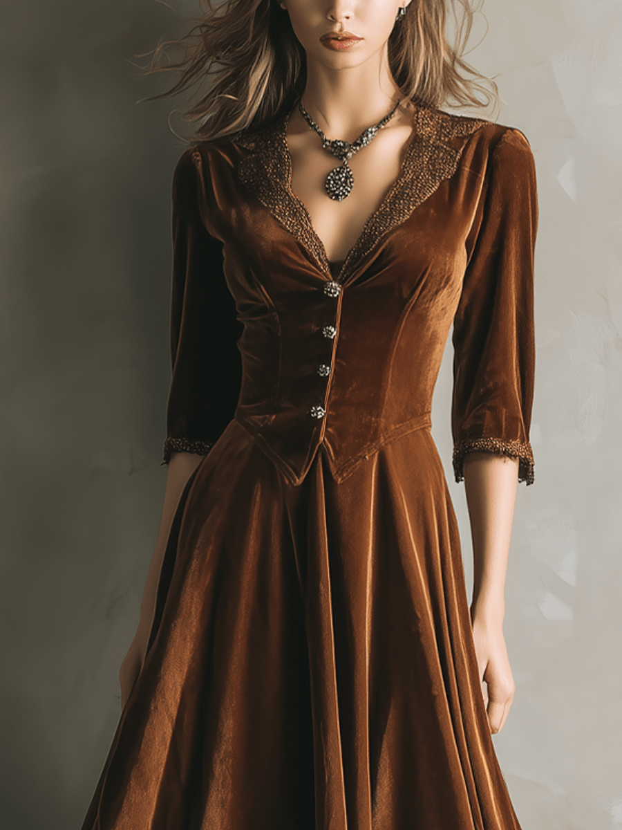 Vestido Midi Vintage de Terciopelo con Manga ¾ y Ribete de Encaje
