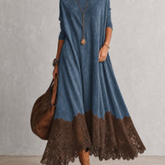 Vestido evasé de cuello alto con paneles de encaje y manga larga
