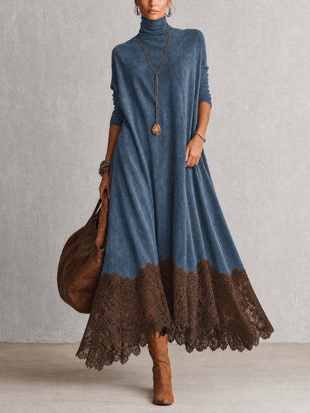 Vestido evasé de cuello alto con paneles de encaje y manga larga