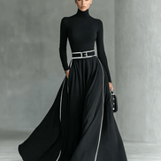 Vestido Maxi Negro con Cuello Alto Manga Larga y Cinturón