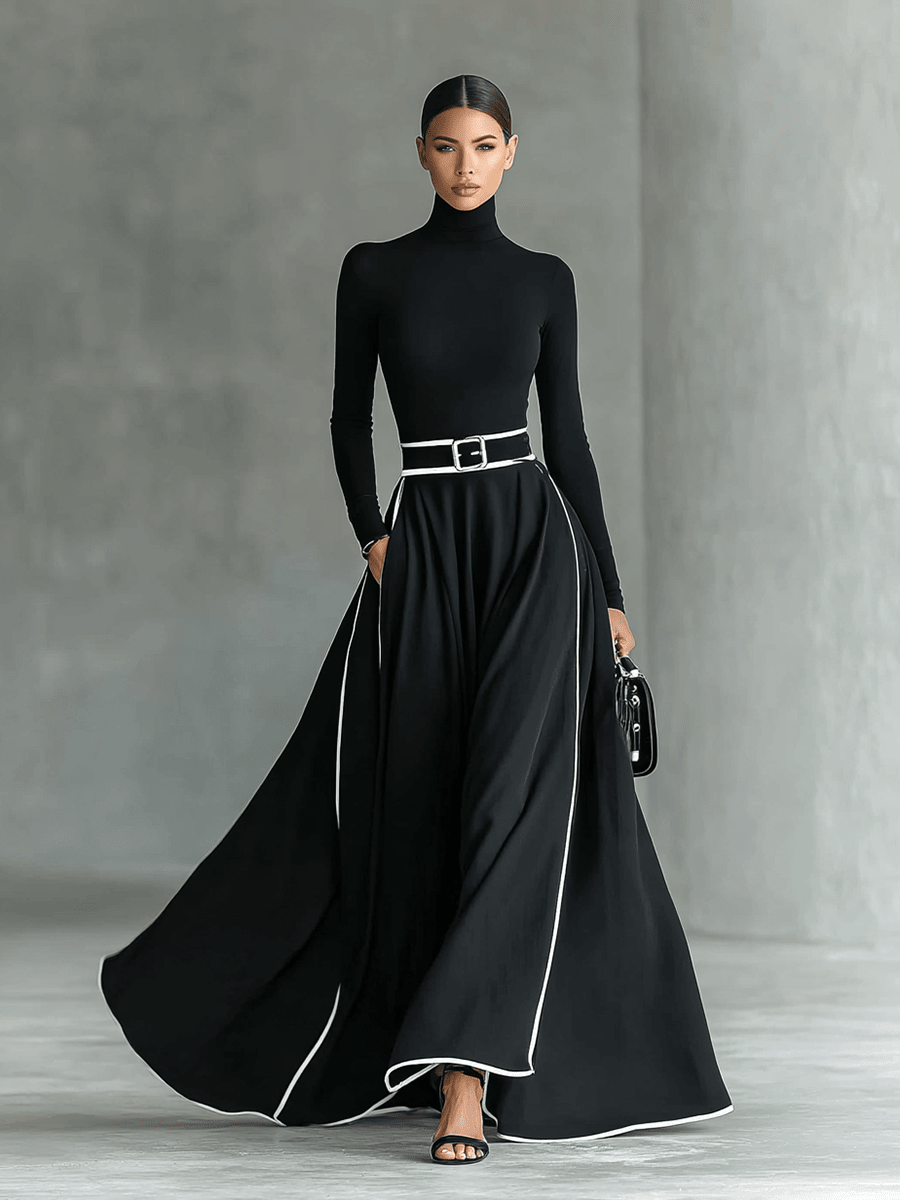 Vestido Maxi Negro con Cuello Alto Manga Larga y Cinturón