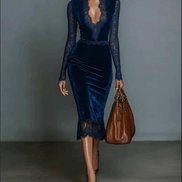 Vestido Midi de Terciopelo Elegante con Escote en V y Encaje
