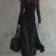 Vestido Maxi Negro de Tul con Detalle Patchwork