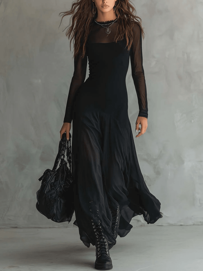 Vestido Maxi Negro de Tul con Detalle Patchwork