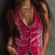 Chaleco Retro Boho de Terciopelo Rosa Intenso