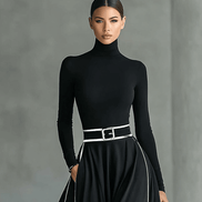 Vestido Maxi Negro con Cuello Alto Manga Larga y Cinturón
