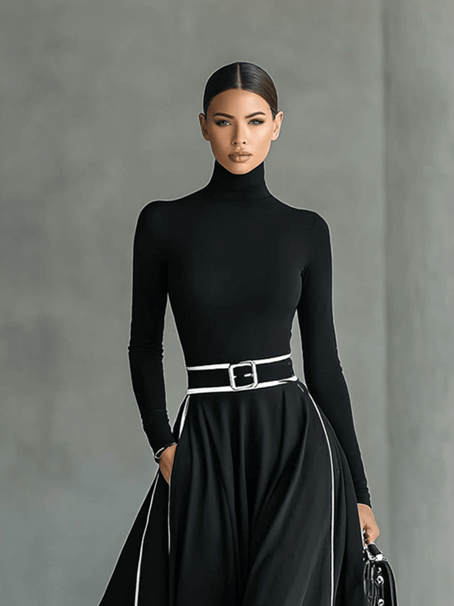 Vestido Maxi Negro con Cuello Alto Manga Larga y Cinturón
