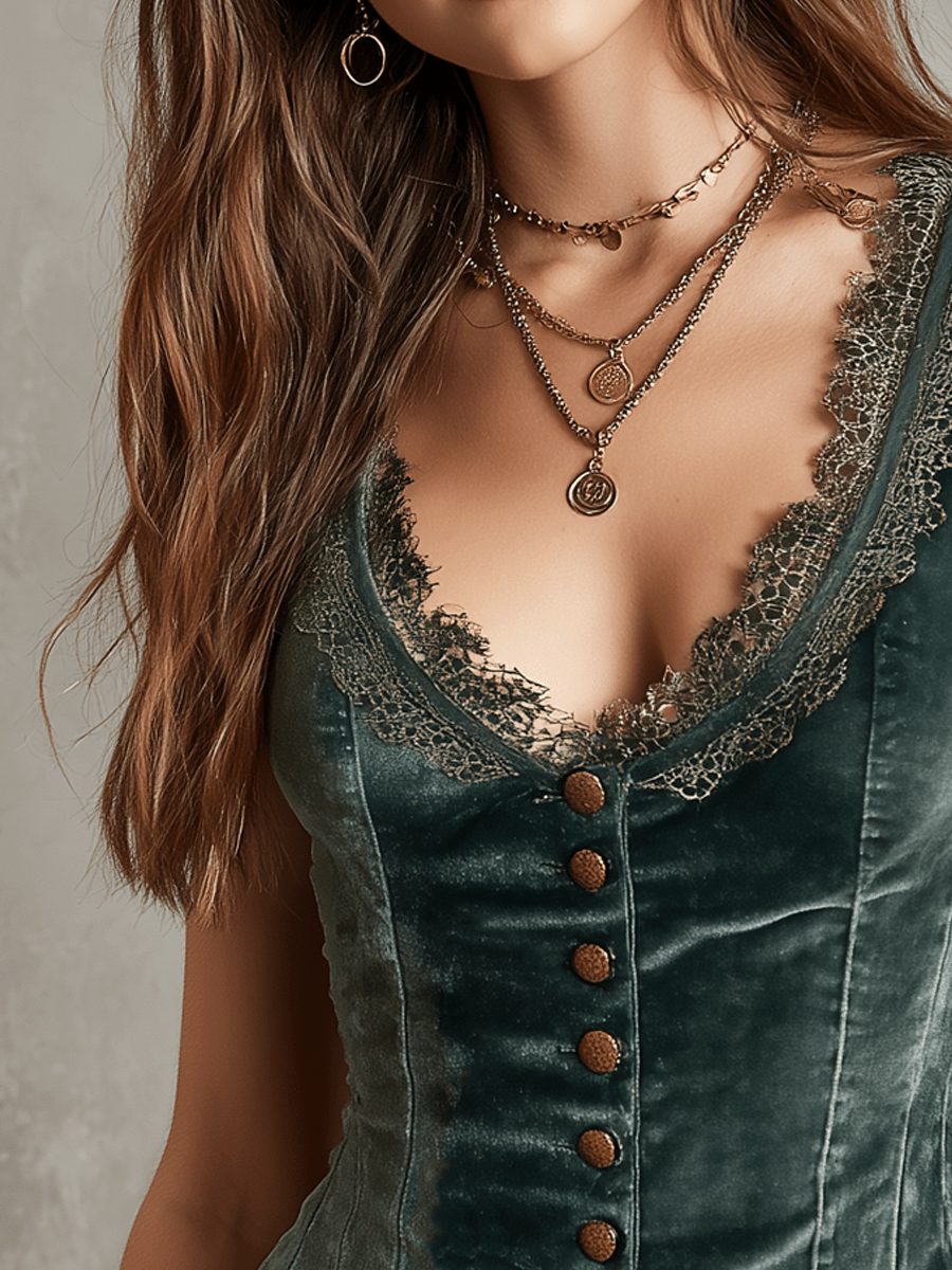 Chaleco de Terciopelo Vintage sin Mangas con Cuello de Encaje