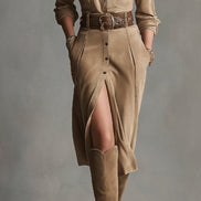 Vestido Midi de Ante Marrón Elegante